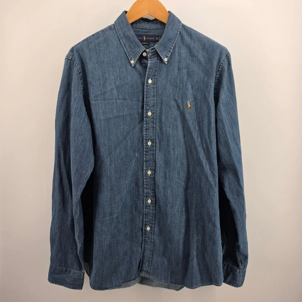 Polo Ralph Lauren Mens XL Classic Fit Denim Button Down Shirt Blue Long Sleeve